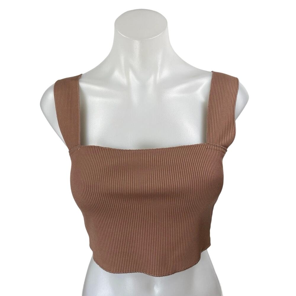 Missguided Brown Ribbed Knit Sleeveless Square Neck Cami Tank Crop Top Size 4